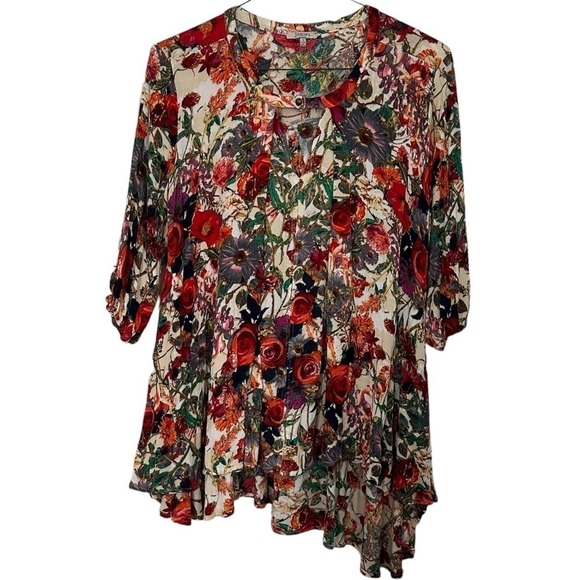 Jodifl Shirt Top Floral Draping Asymmetrical Fairy Feminine Red & Cream Size S - Picture 1 of 10